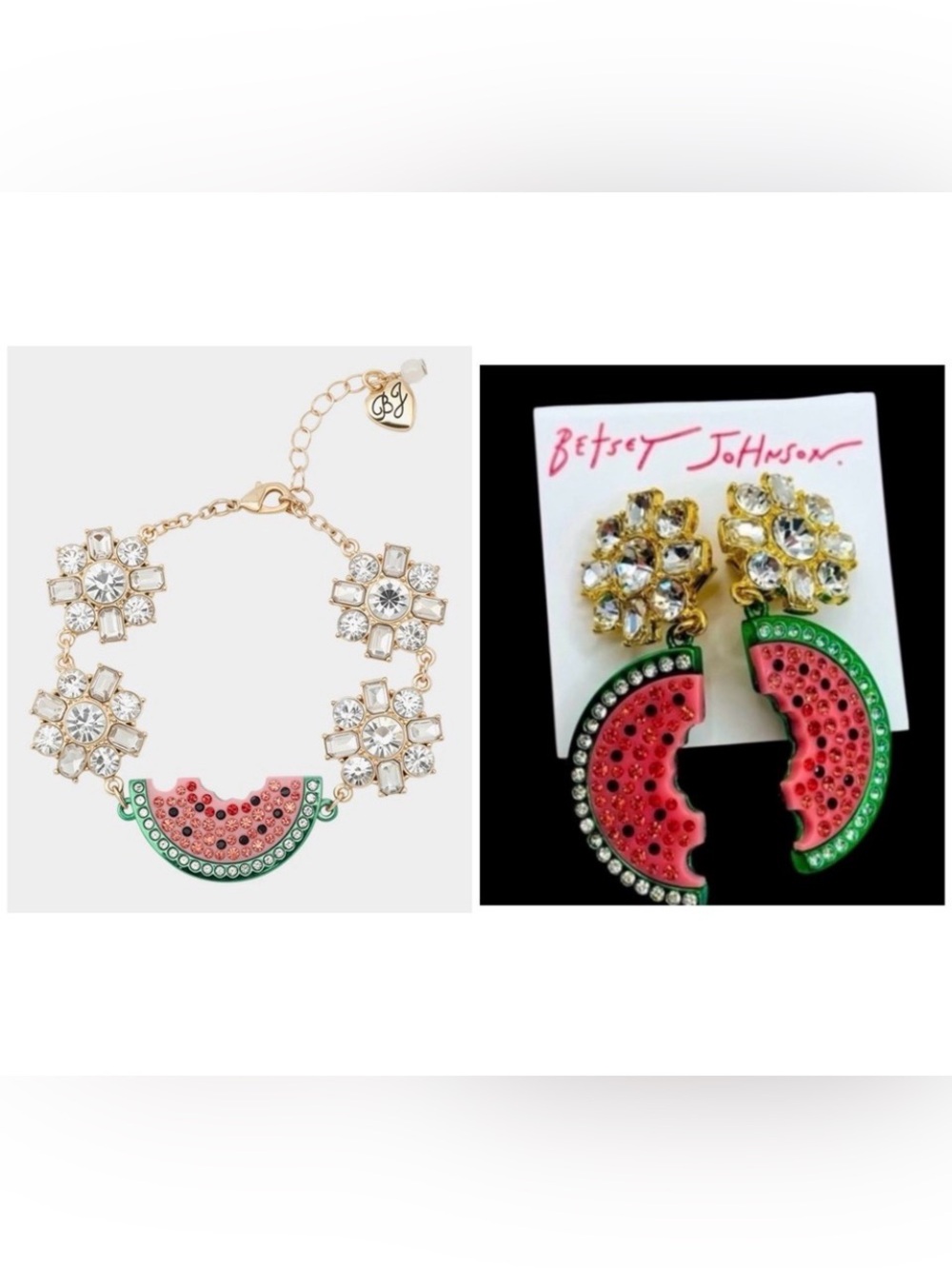 BETSEY JOHNSON SET Crystal-Studded Watermelon Statement Bracelet & Earrings NWT